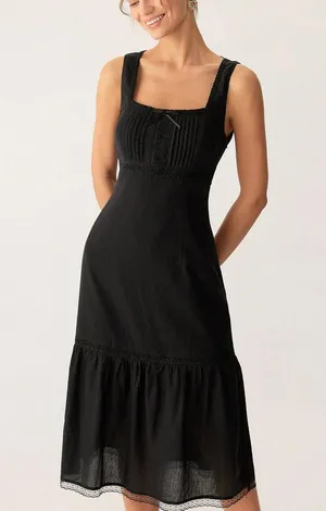 Rihoas Black Square Neck Ruched Slip Midi Dress thumbnail 1