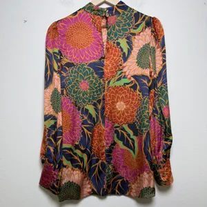 Farm Rio Women Top Small Multicolor Vintage Garden Satin Mock‎ Neck Puff Sleeve thumbnail 10