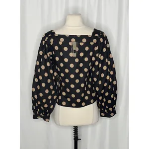 NWT!! J. CREW Linen Polka Dot Square Neck Blouse Black Tan Top Preppy Medium thumbnail 7