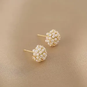 Gold and White Pearl Cluster Stud Earrings - Timeless Floral Design thumbnail 6