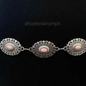 Silver Y2K Smudged Pink Stone Western Chain Belt, Fits 28-38 Inches, X7GA1379 thumbnail 5