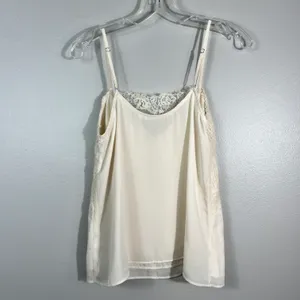 All in Favor Boutique White Ivory Cream Chiffon Layered Lace Neckline Cami Tank thumbnail 6