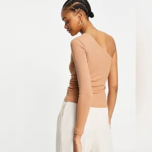 MNG Asymmetric Ribbed One Shoulder Long Sleeve Top M |‎ Neutral Soft Girl NWT thumbnail 2