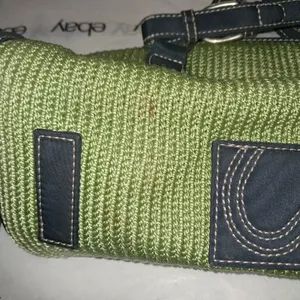 The Sak Green Woven Satchel Purse W/ Navy Blue Trim Vintage Boho Style Handbag thumbnail 6