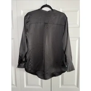 Rachel Zoe Black Satin Button Down Blouse Womens Size L Long Sleeve Band Collar thumbnail 4