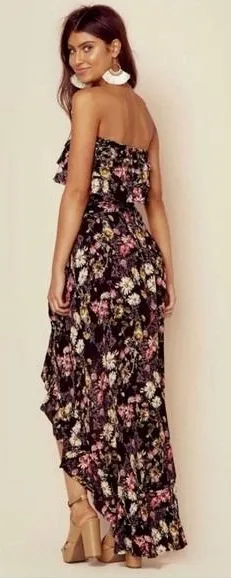 Blue Life Floral Maxi Beach Skirt Black Ruffle High Low Boho Wildflower Rayon Sm thumbnail 1