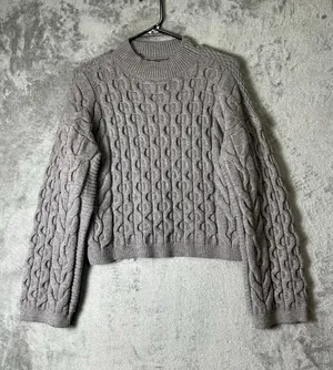 Anthropologie Cable Knit Mock Neck Balloon Sleeve Cropped Sweater Gray Size S thumbnail 1