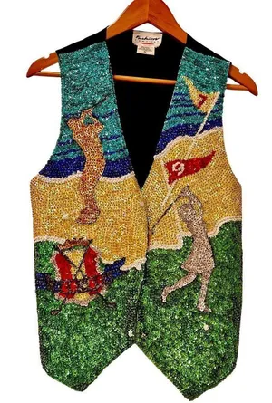 Vintage Rare Fashion Fantasy Sequin Golf Theme Vest Waistcoat Size Medium EC thumbnail 1