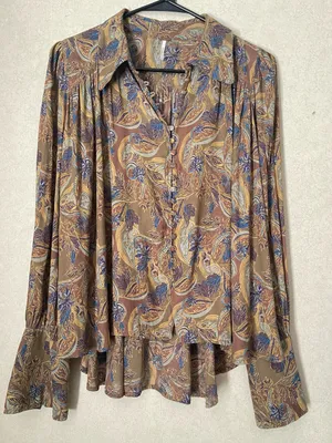 Free People Paisley Tie-Neck Blouse in Brown and Blue thumbnail 2
