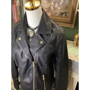 Baccini Womens Black Faux Leather Moto Jacket Gold Zip Biker Large NWT thumbnail 2