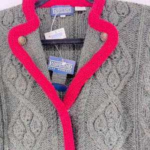 Lands’ End Vintage Shetland Wool Cardigan Green Pink Trim Cable Knit Jacket L thumbnail 7