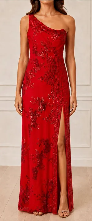 NWT Southern Fried Chics Gown Medium Red Sequin Floral One Shoulder Maxi Dress thumbnail 1