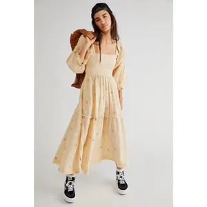 Free People Dahlia Embroidered Maxi Dress Sand Gauzy Smocked Size Small Cotton thumbnail 16