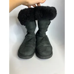 UGG Bailey Button Triplet Boots Womens 8 Black Good‎ Suede Shearling Mid Calf thumbnail 2