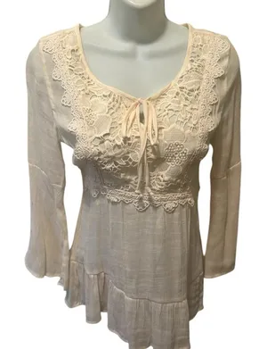 Self Esteem Y2K Cream Whimsigoth Witchy Top Sz S Crochet Detail Peek a Boo Neck Boho Cottage thumbnail 1