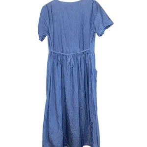 Vintage Embroidered Denim Jumper Dress‎ Women's Medium Maxi Floral Cottage ~Flaw thumbnail 5