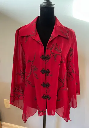 Metaphor Red with black Floral  pattern Button-Front Women’s Top thumbnail 1