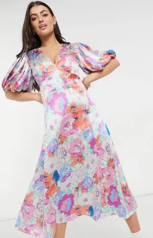 ASOS Satin Floral Midi Dress Cottagecore Princesscore Puff Sleeve Pastel 4 thumbnail 1