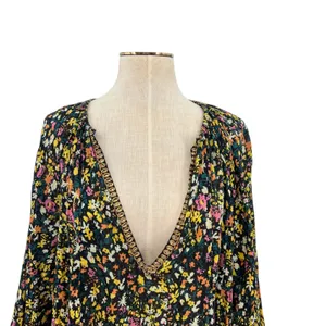Free People Gardenia Tunic Top Floral Print Long Sleeve Black‎ Combo Size Large thumbnail 4