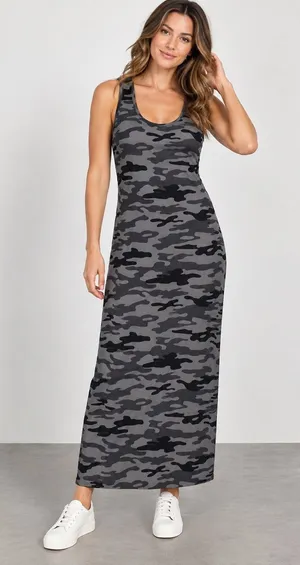 Peyton Jensen Evereve Camo Sleeveless Maxi Tank Dress Grey Black XL NEW Tags thumbnail 1