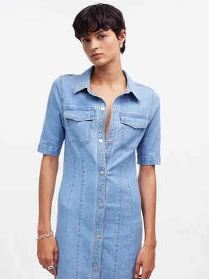 Madewell Denim Seamed Mini Shirtdress Palermo Wash Short Sleeve Buttons Size 6 thumbnail 4