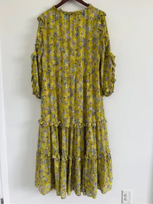 Alexis Auja Floral Print Crepe Midi Dress Lime Green Yellow Ruffle Size Small thumbnail 3