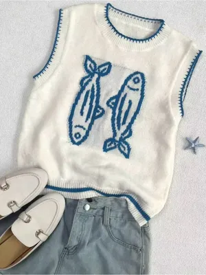 White & Blue Fish Knit Sleeveless Vest - Casual Summer Layer EUC - worn once thumbnail 2