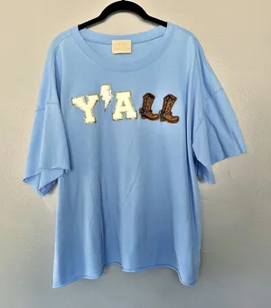 Judith March Y’all Graphic Short Sleeve Sweatshirt Pullover Blue Large thumbnail 1