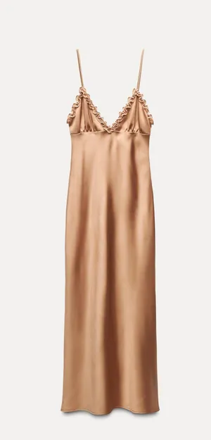 Zara maxi dress bodycon slip satin ruffle carmel evening wedding cocktail thumbnail 14