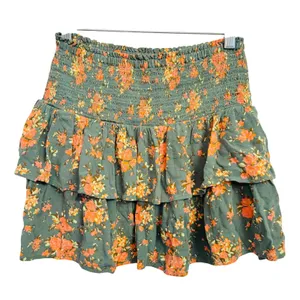 224 | Aerie Womens XS Smocked‎ Tiered Ruffle Floral Mini Skirt Green Orange thumbnail 2