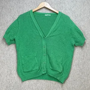 Womens Y2K Medium Green Retro Grandmacore Short Sleeve Preppy‎ Cardigan Sweater thumbnail 1
