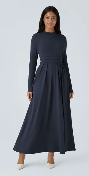 HALARA Navy Blue Mock Neck Long Sleeve Pocket Flare Maxi Casual Dress Knit XS thumbnail 1