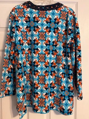 Crown & Ivy Teal Navy Orange Medallion Crochet Trim V-neck 3/4 Sleeve Blouse XL thumbnail 2