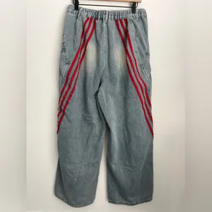 BH Grunge wide leg Baggy Jeans Red Stripes retro loose patchwork hip hop L thumbnail 3