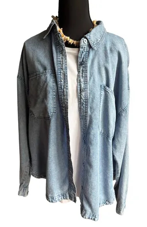 Pink Rose Chambray Shirt Women's M 100% Lyocell Oversized Button Down Coastal thumbnail 1