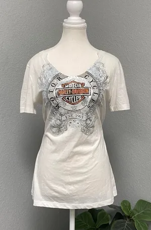 Harley Davidson White Graphic Tee Shirt Silver Floral Print Big Barn Carnival thumbnail 1