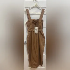 Zara brown linen-blend midi dress with matching belt and Slit Size XS thumbnail 3