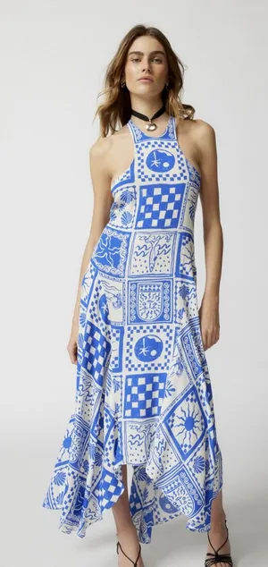 Urban Outfitters Strappy open back Blue & White Printed Halter Maxi Dress thumbnail 1