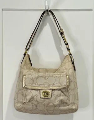 Coach Signature Penelope Purse Linen Leather Crossbody Shoulder Bag Cream Gold thumbnail 2