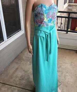 Strapless Aqua Maxi Dress with Floral Bodice thumbnail 4
