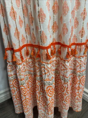 Me 2 Magic Boho Maxi Dress Orange White Embroidered V-Neck Fringe. thumbnail 8