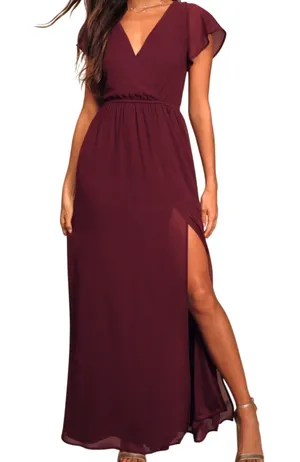 Lulu’s Lost in the Moment Maxi Gown Burgundy Bridesmaid Dress Size Small NWT thumbnail 1