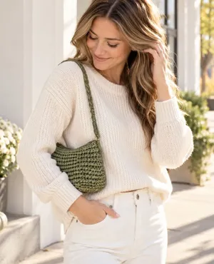 A New Day Women Olive Green Straw Crochet Shoulder Bag Baguette Zipper Closure thumbnail 1