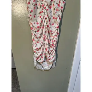 Women's Sz Medium Lace Edge Floral Print Slip Dress White Pink V-Neck Sheer Mini thumbnail 10