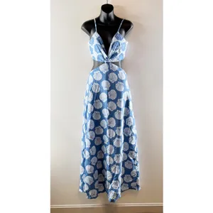 Abercrombie Julia Cutout Tie Back Shell Print Linen Blend Maxi Slip Dress Blue thumbnail 2