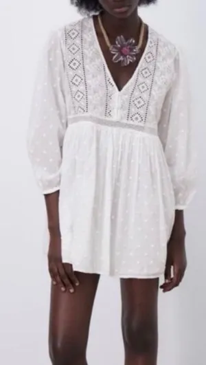 Zara White Swiss Dot Embroidered Lace Boho Babydoll Tunic Dress Medium thumbnail 1