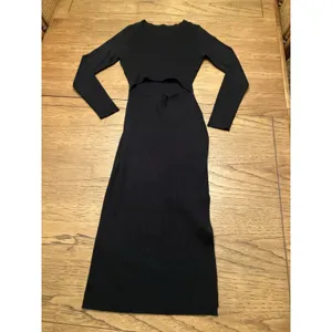 Women's Black Solid Ribbed Knit Maxi Dress Long Sleeve Crew Neck Regular M thumbnail 2