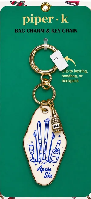 Piper K NWT Aprés Ski Bag Charm Key Chain Gold Rhinestone Champagne Bottle Motel thumbnail 1