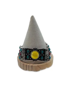 Boho Southwestern Multi-Stone Statement Bracelet Yellow Cabochon Silver Tone thumbnail 4