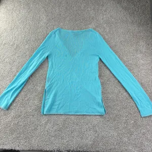 Bohemian‎ Turquoise Cashmere Sweater Spit V Neck Whipstitch Trim Women M Coastal thumbnail 8